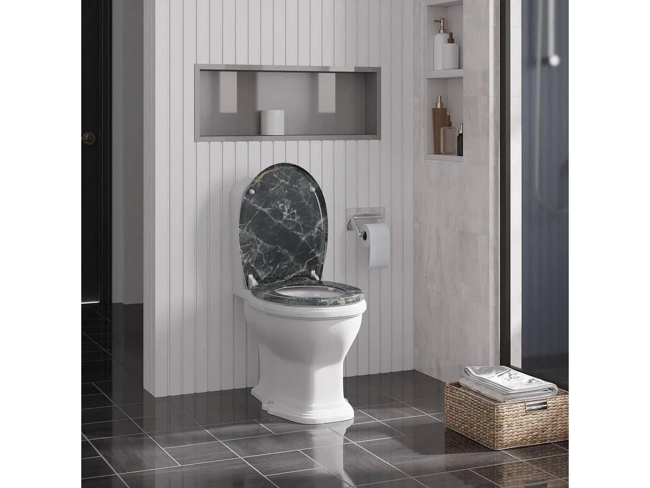 Woltu WC-Sitz Schwarz mit Absenkautomatik und Metallscharnieren
