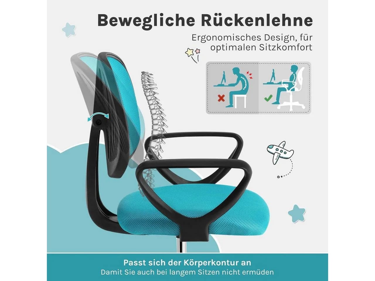 Klihome Kinderdrehstuhl Ergonomisch Höhenverstellbar Netzstoff - Bild 5