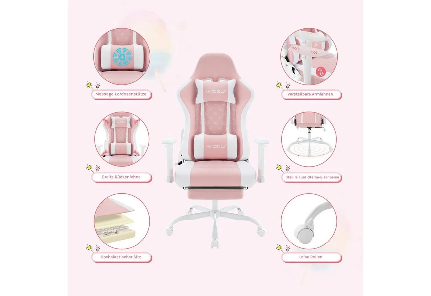 Woltu Gaming-Stuhl Rosa/Weiß mit Massagefunktion & Kopfstütze - Bild 4