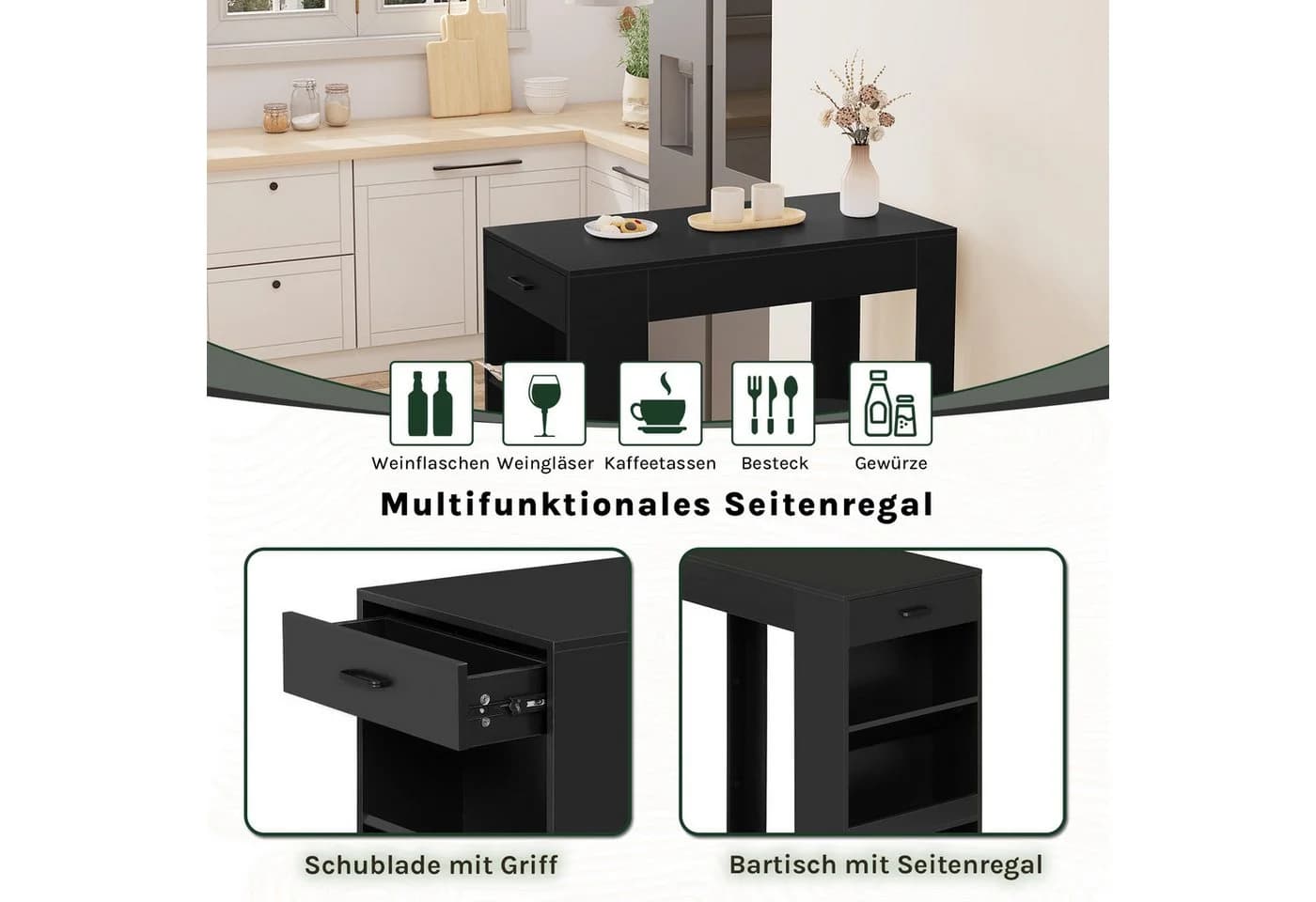 Woltu Bartisch Weiß/Schwarz mit 1 Schublade und Weinregal - Bild 5