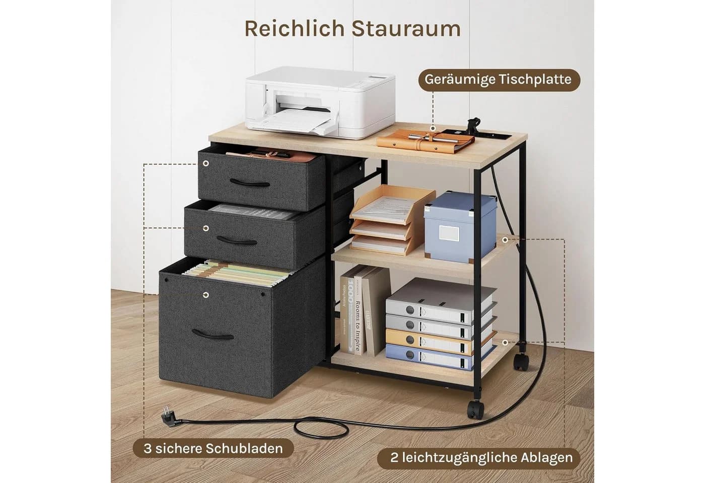 Woltu Aktenschrank mit Schubladen und Ladestation Helle Eiche - Bild 4