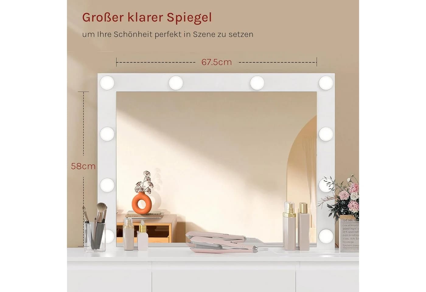Woltu Schminktisch mit LED-Spiegel, 7 Schubladen, Steckdose und Hocker Weiß - Bild 4