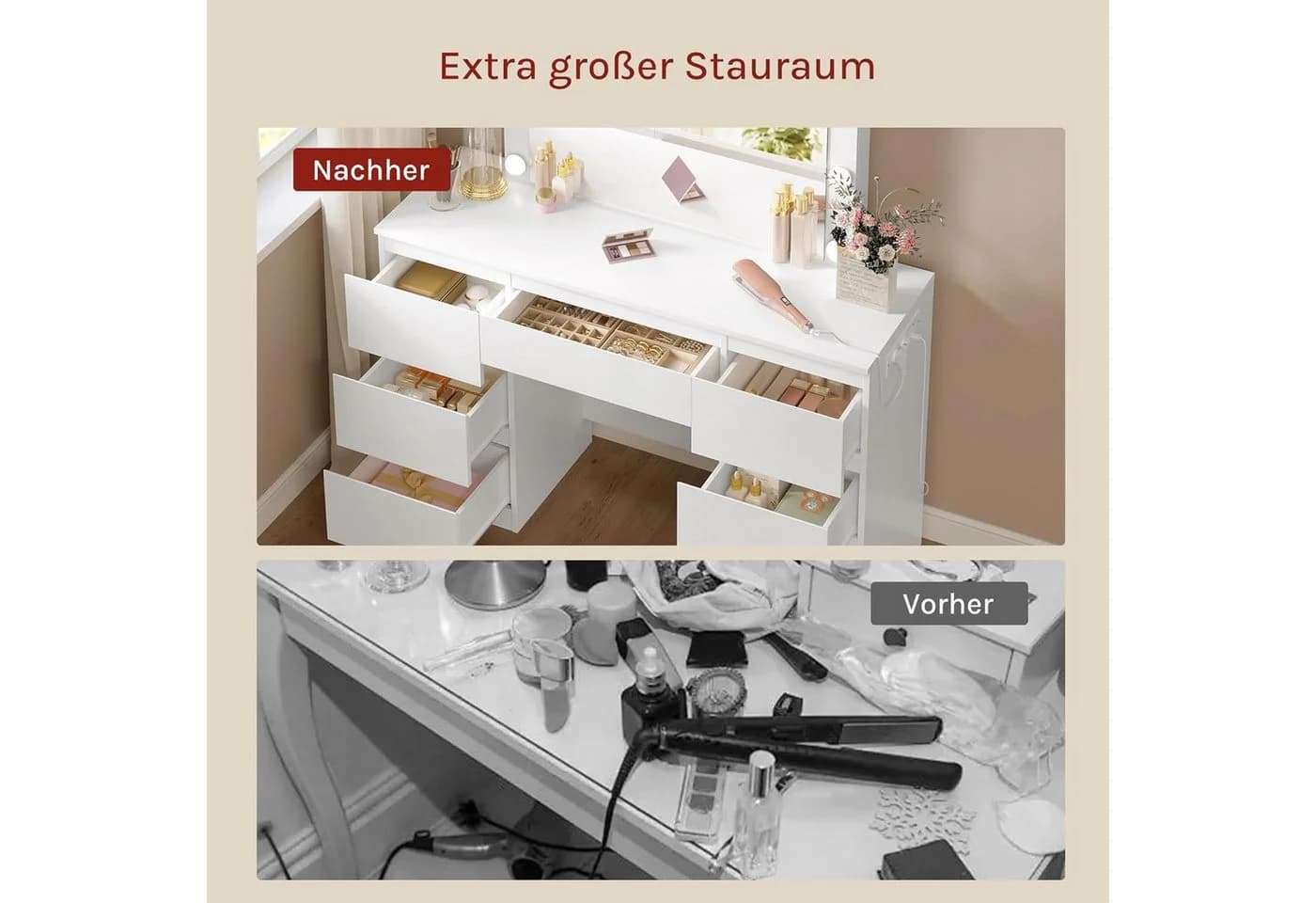 Woltu Schminktisch mit LED-Spiegel, 7 Schubladen, Steckdose und Hocker Weiß - Bild 5