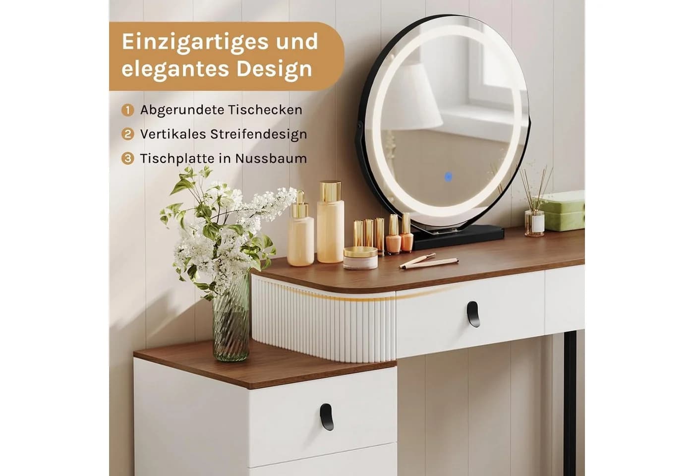 Woltu Schminktisch mit LED-Spiegel, 2 Schubladen, Seitenschrank Weiß/Schwarz - Bild 5