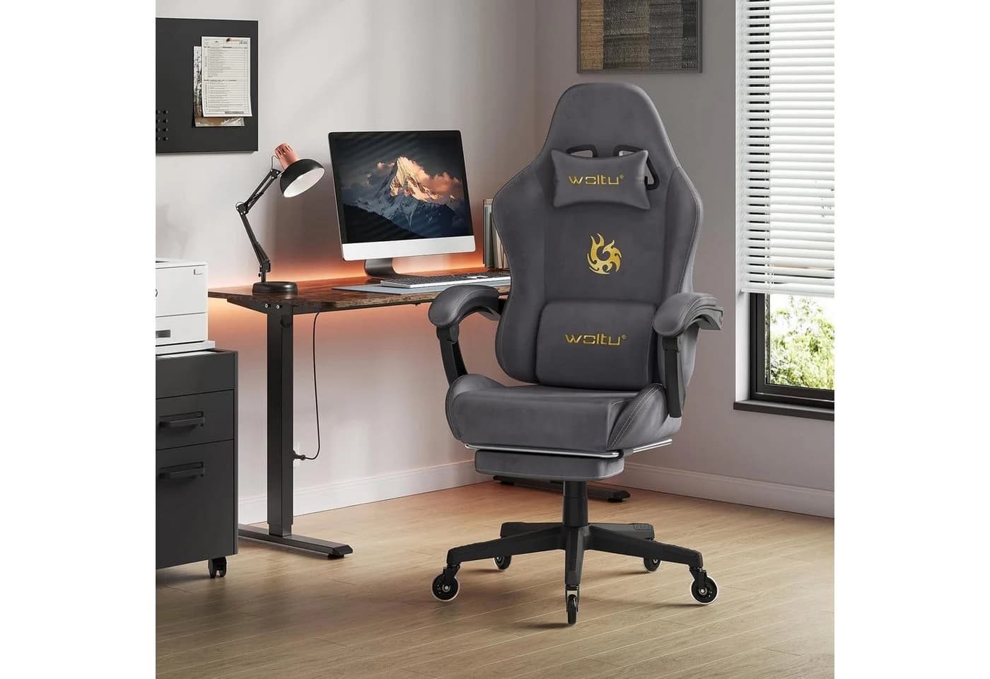 Woltu Gaming-Stuhl Ergonomisch mit Fußstütze und Verstellbarer Rückenlehne Grau - Bild 2
