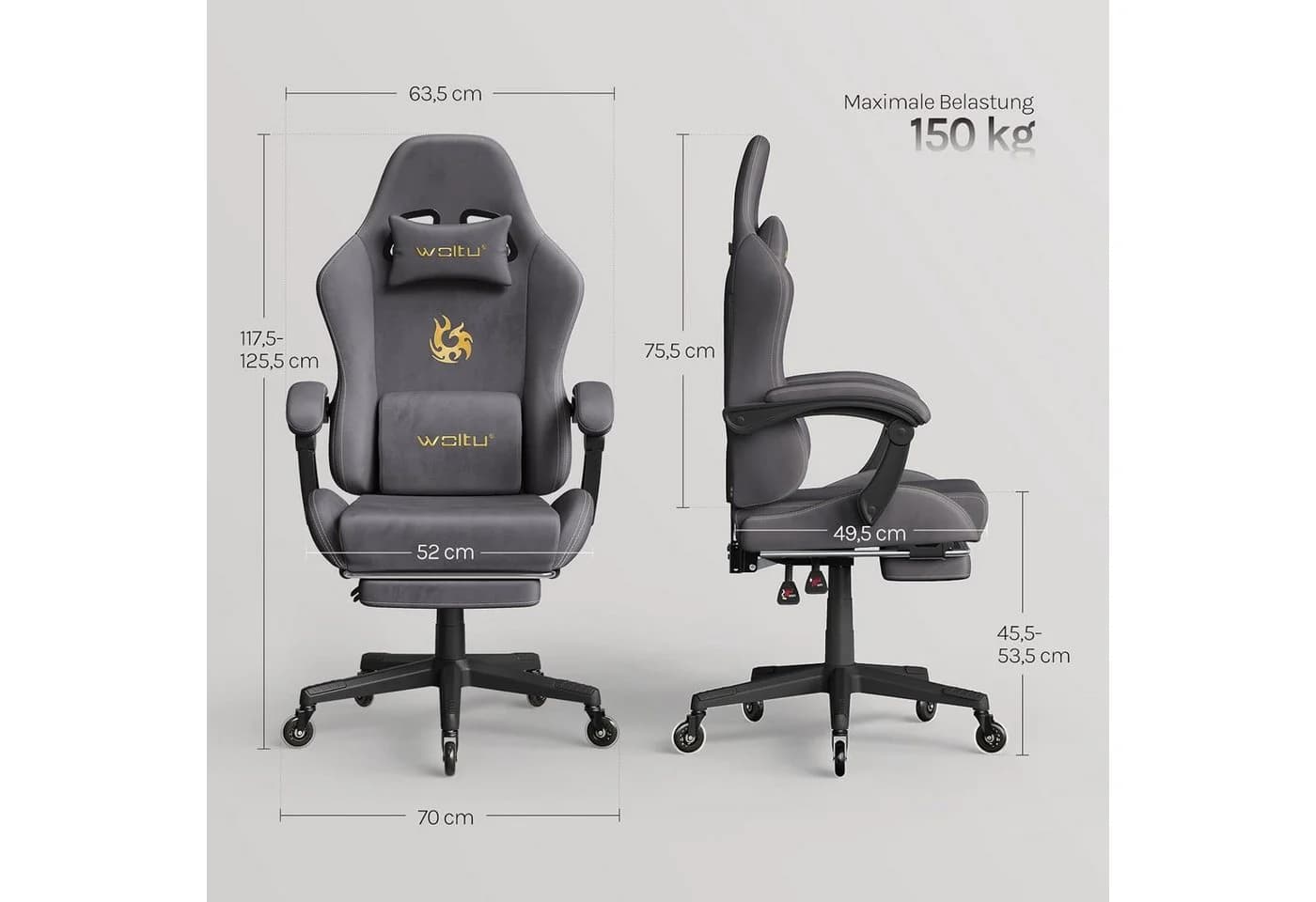Woltu Gaming-Stuhl Ergonomisch mit Fußstütze und Verstellbarer Rückenlehne Grau - Bild 3