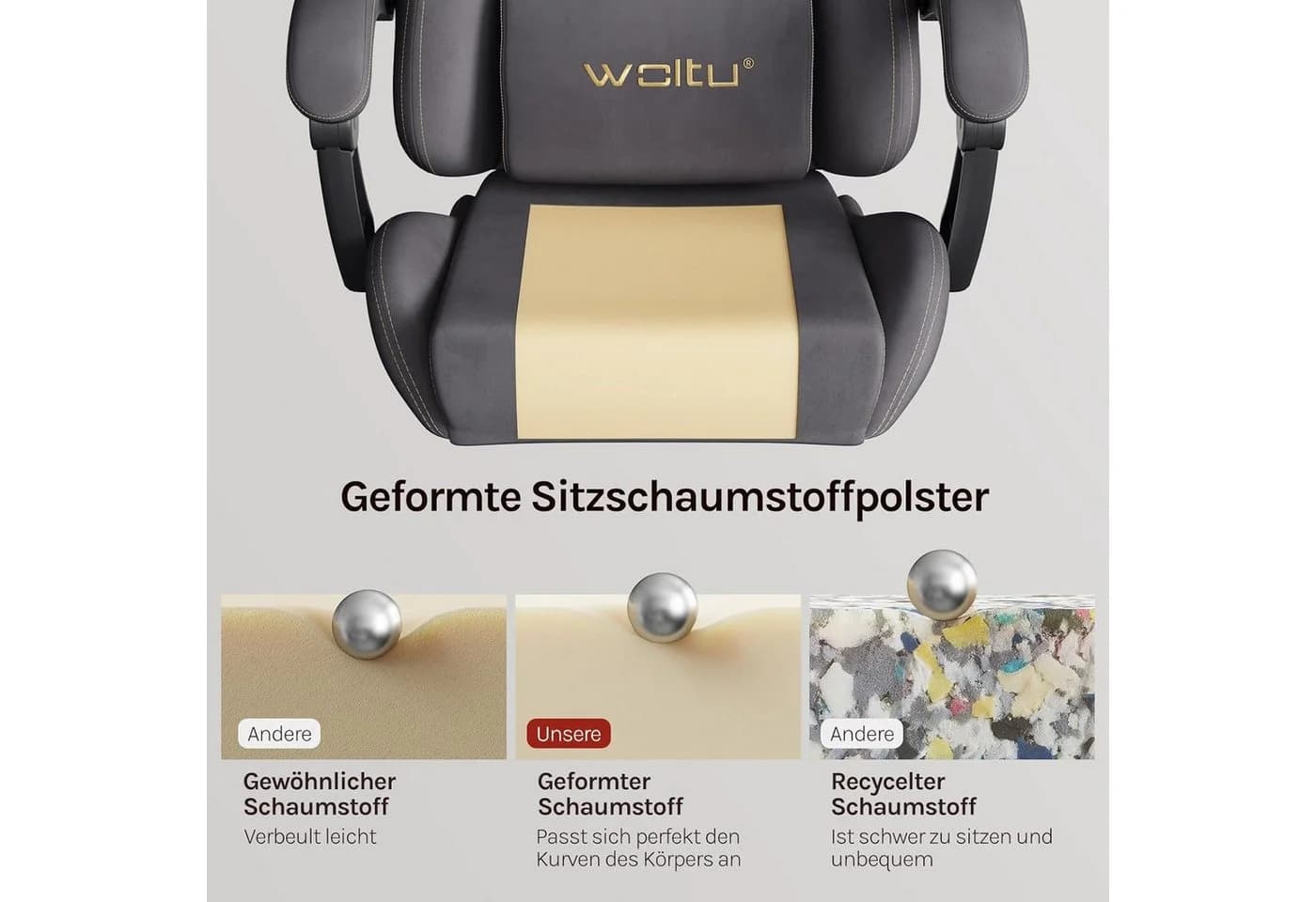 Woltu Gaming-Stuhl Ergonomisch mit Fußstütze und Verstellbarer Rückenlehne Grau - Bild 5