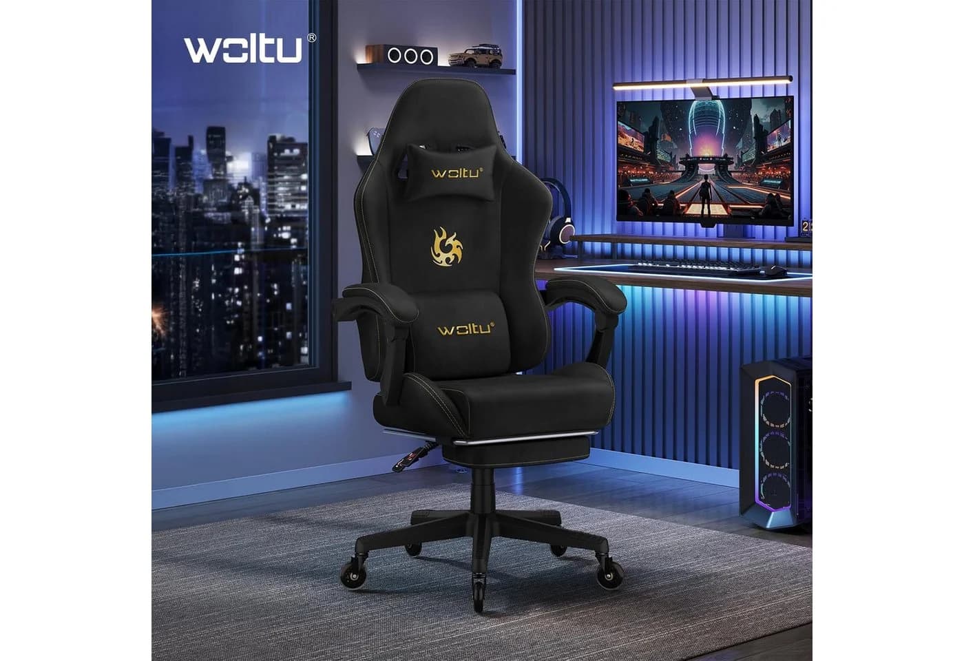Woltu Gaming-Stuhl Ergonomisch Verstellbar Wildleder Schwarz