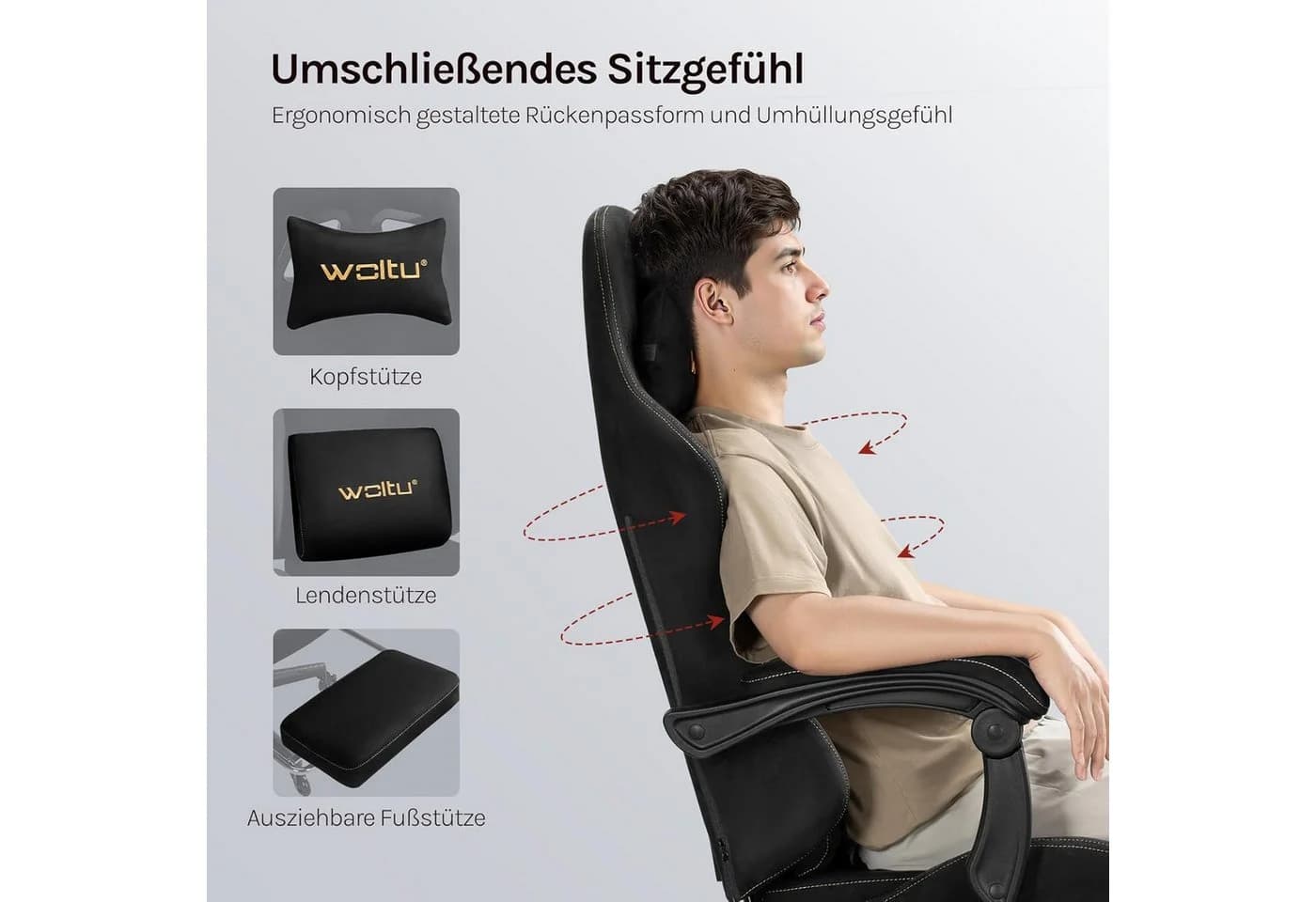 Woltu Gaming-Stuhl Ergonomisch Verstellbar Wildleder Schwarz - Bild 4