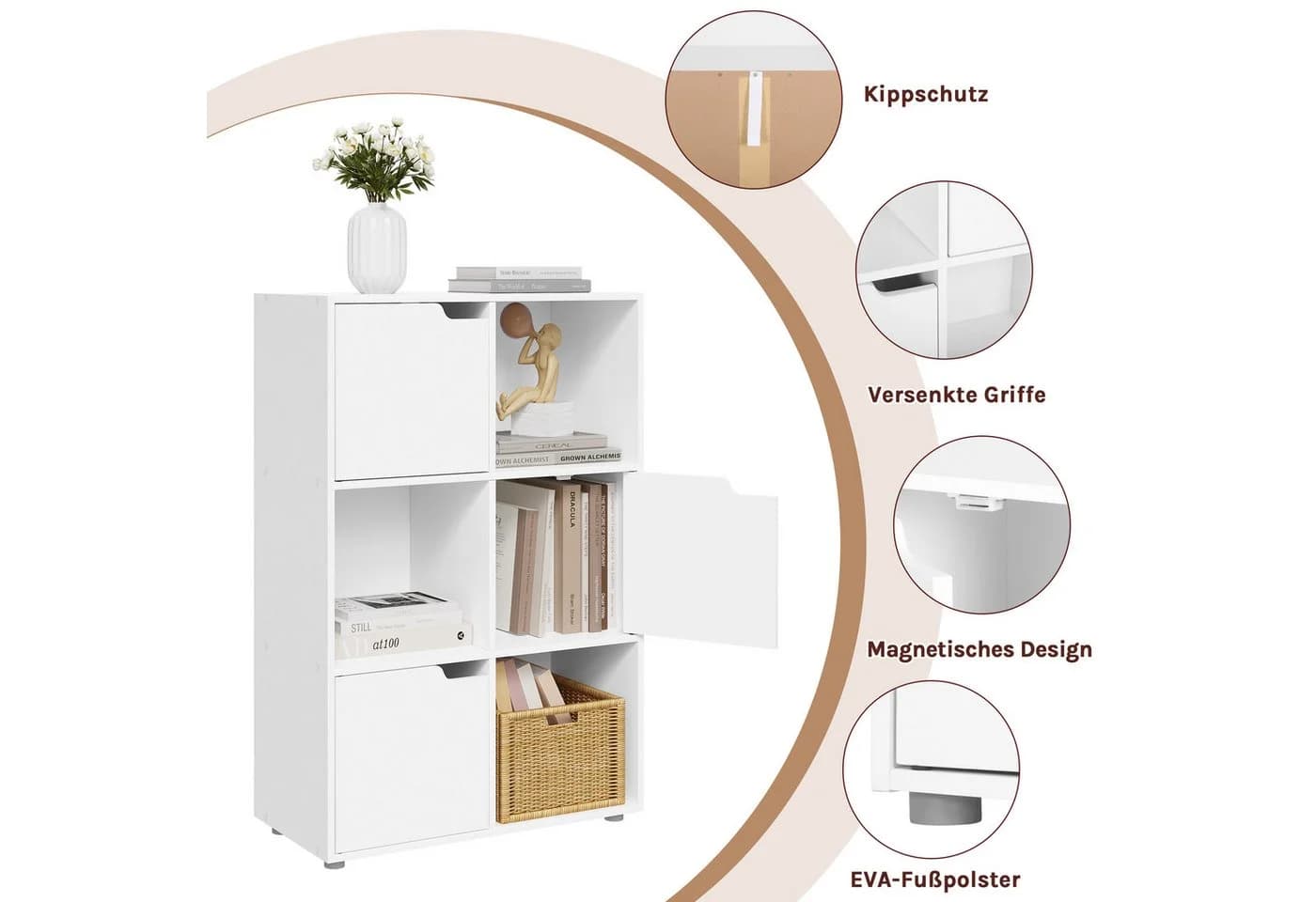 Woltu Bücherregal Standregal mit 3 Türen Weiß 6 Fächer - Bild 5
