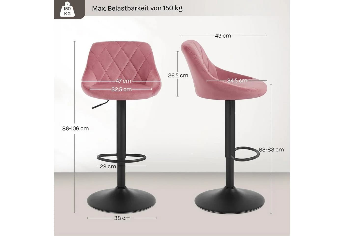 Woltu Barhocker 2er Set Samt Höhenverstellbar Drehbar Rosa - Bild 3