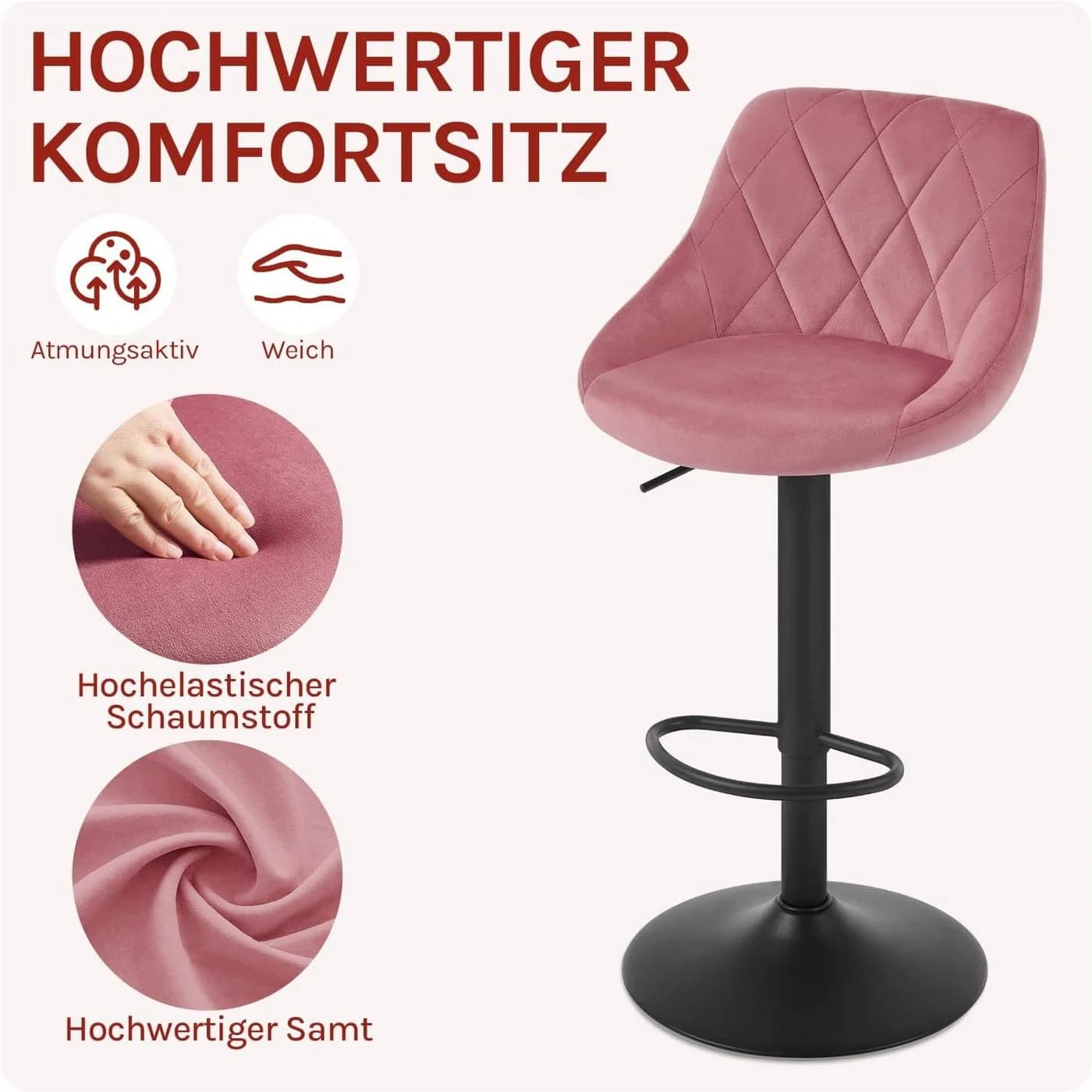 Woltu Barhocker 2er Set Samt Höhenverstellbar Drehbar Rosa - Bild 4