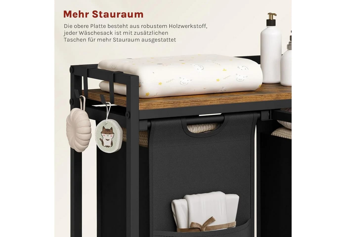 Woltu Wäschekorb mit Ablage 2 Fächer 40L Ausziehbar Schwarz - Bild 4