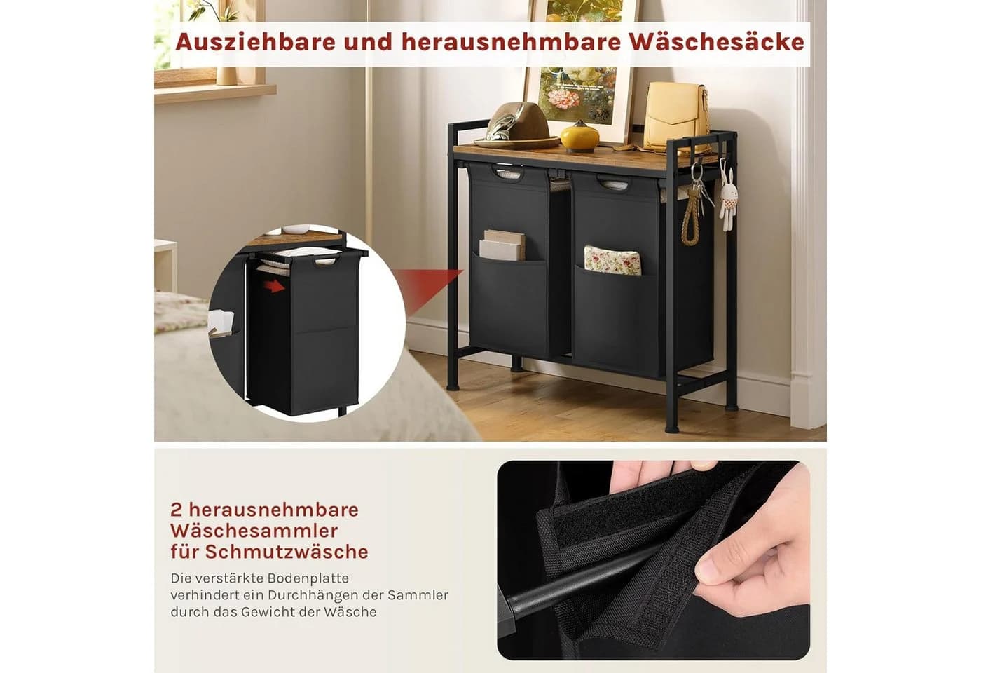 Woltu Wäschekorb mit Ablage 2 Fächer 40L Ausziehbar Schwarz - Bild 5