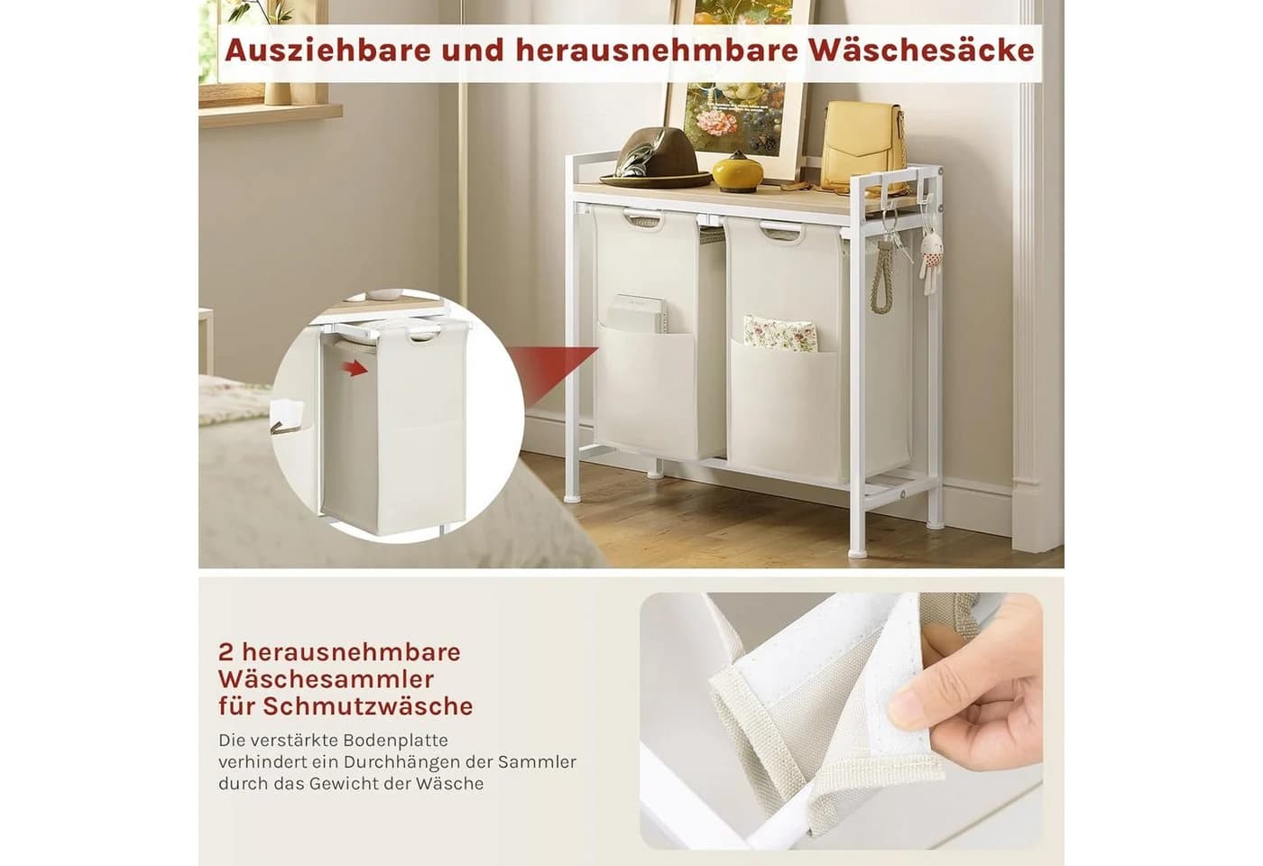 Woltu Wäschekorb mit Ablage, 2 Fächer, 40 L, ausziehbar, abnehmbar - Bild 5