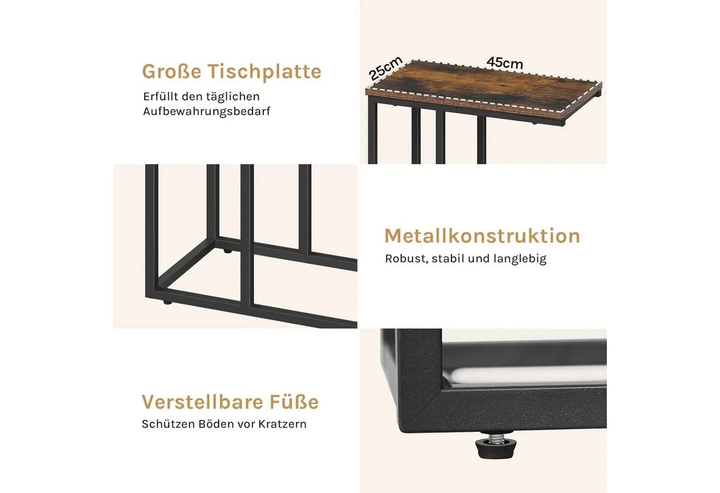 Woltu Beistelltisch MDF Metall C-Form Braun/Schwarz - Bild 4