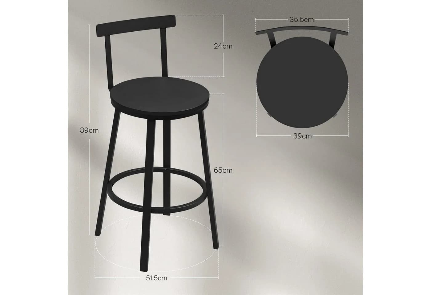 Woltu Barhocker 2er Set Schwarz Metallgestell mit Lehne - Bild 3