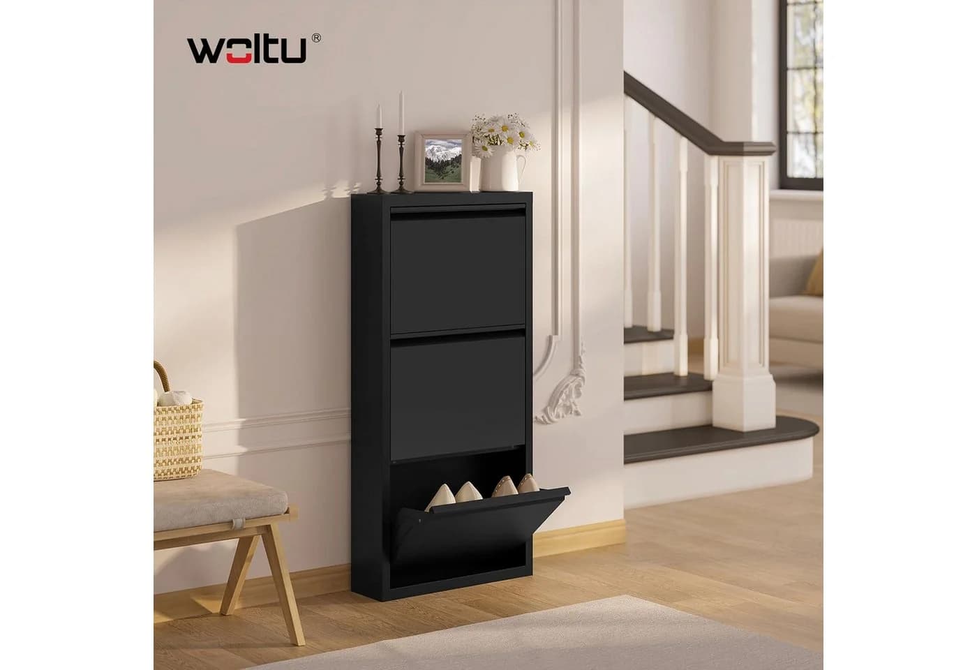 Woltu Schuhschrank 3 Klappen Metall Weiß Schwarz Hellgrau