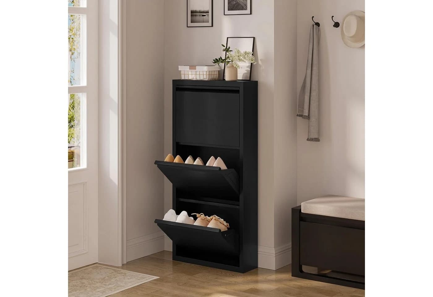 Woltu Schuhschrank 3 Klappen Metall Weiß Schwarz Hellgrau - Bild 4