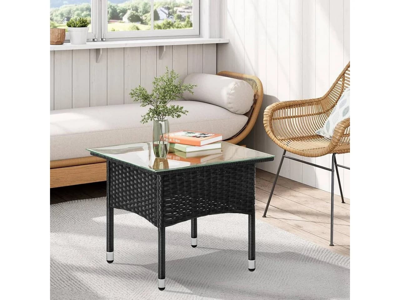 Woltu Beistelltisch Schwarz PE-Rattan mit Glasplatte