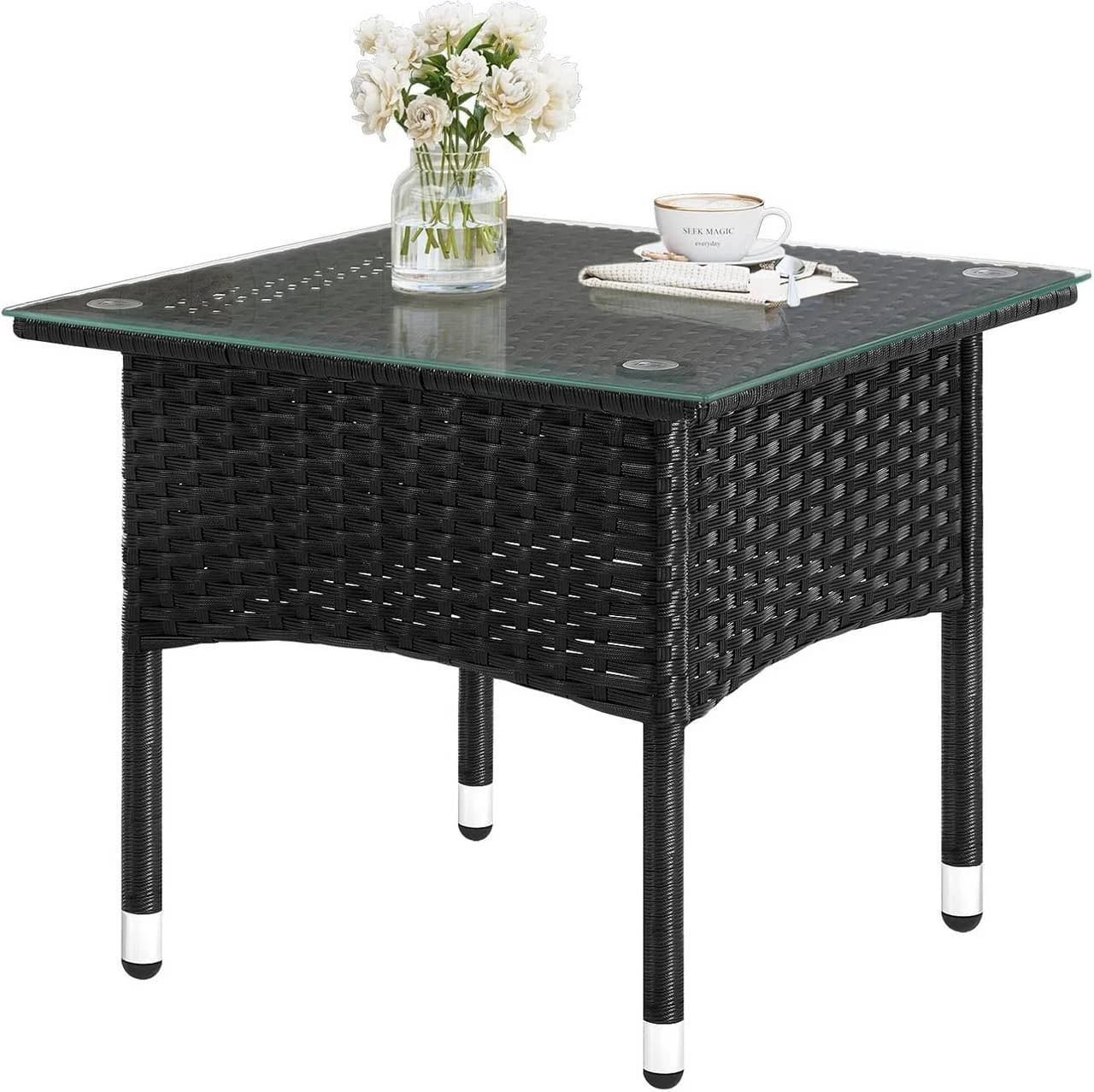 Woltu Beistelltisch Schwarz PE-Rattan mit Glasplatte - Bild 2