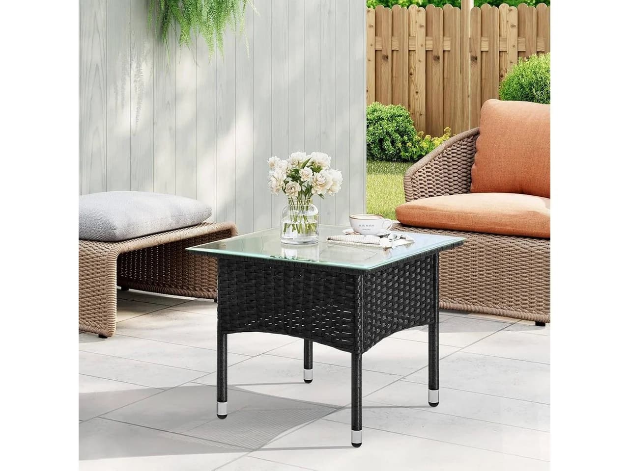 Woltu Beistelltisch Schwarz PE-Rattan mit Glasplatte - Bild 4