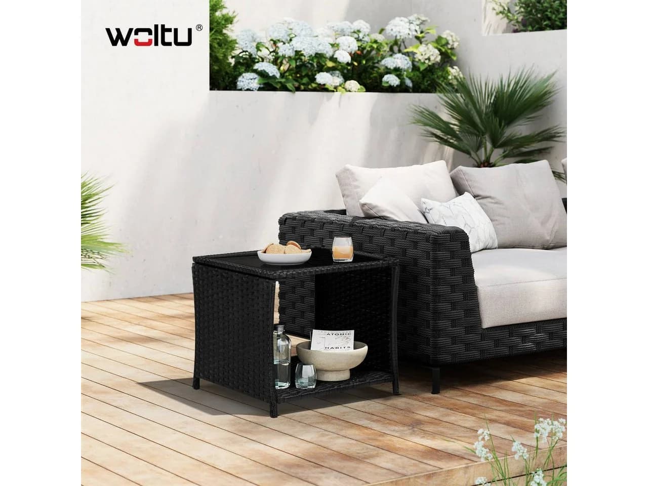 Woltu Gartentisch Schwarz mit Glasplatte und Stauraum