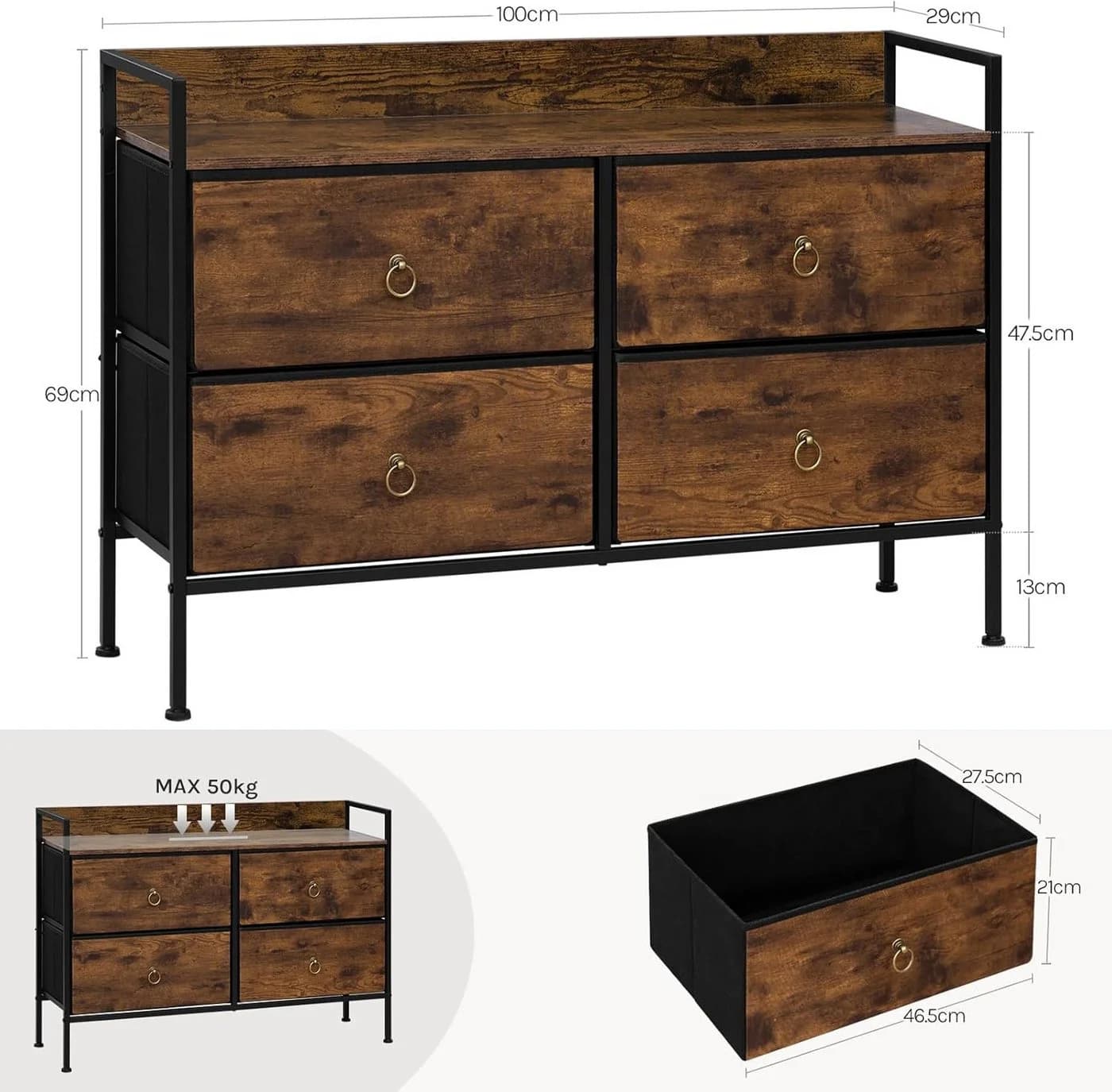 Woltu Kommode mit 4 Stoffschubladen Metallrahmen Industrial Braun/Schwarz - Bild 3