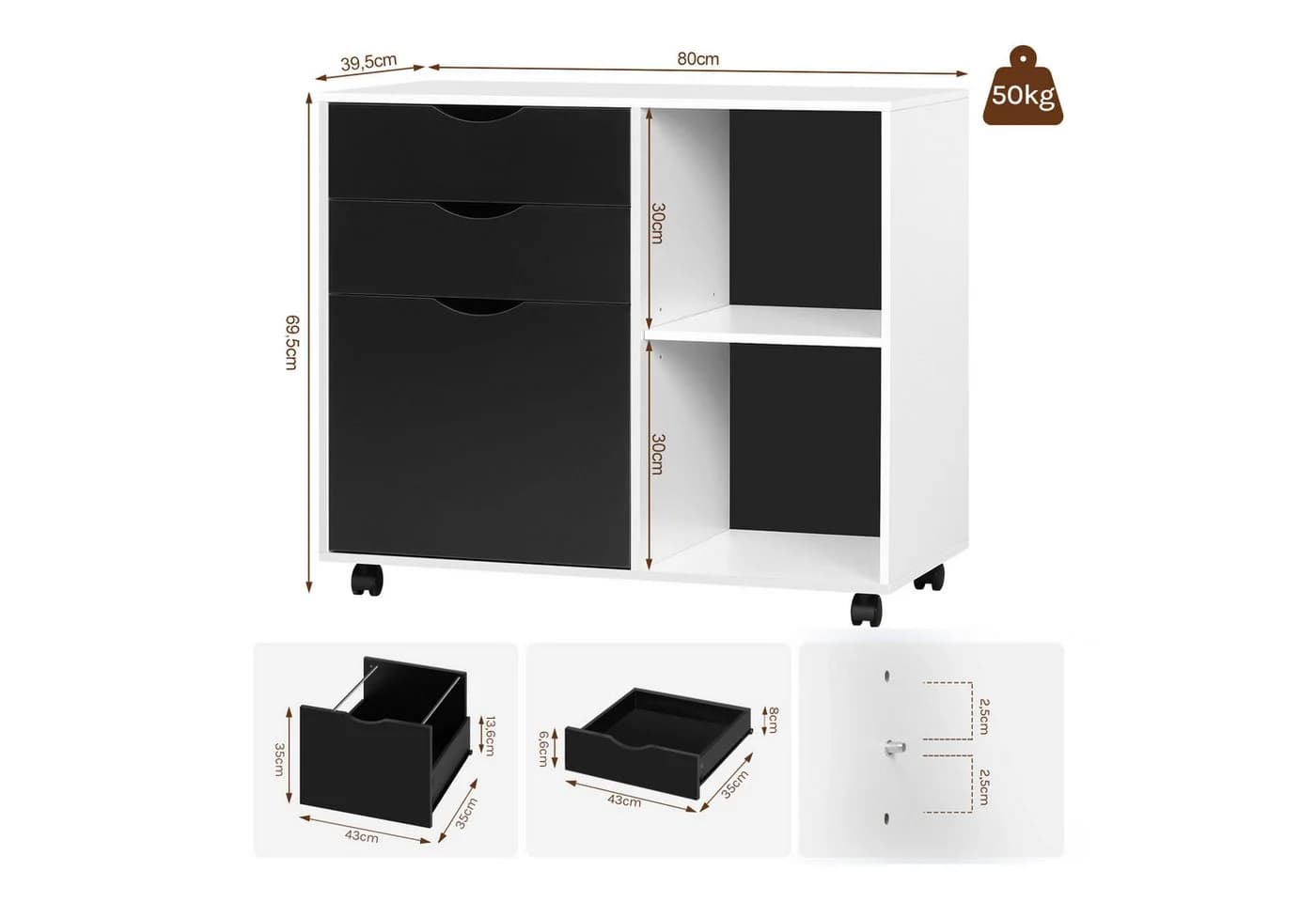 Woltu Rollcontainer Aktenschrank 3 Schubladen Weiß/Schwarz - Bild 3
