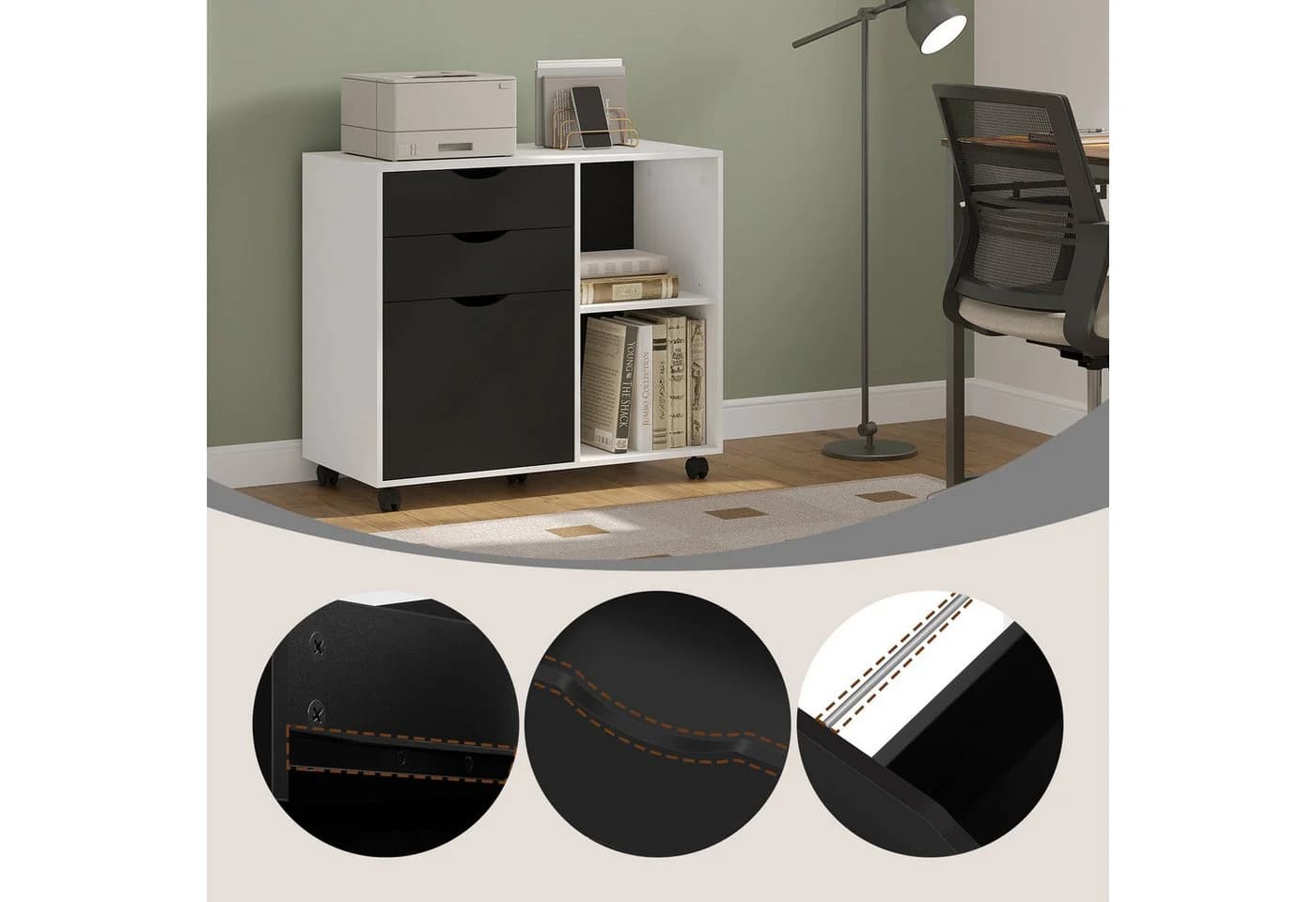 Woltu Rollcontainer Aktenschrank 3 Schubladen Weiß/Schwarz - Bild 4