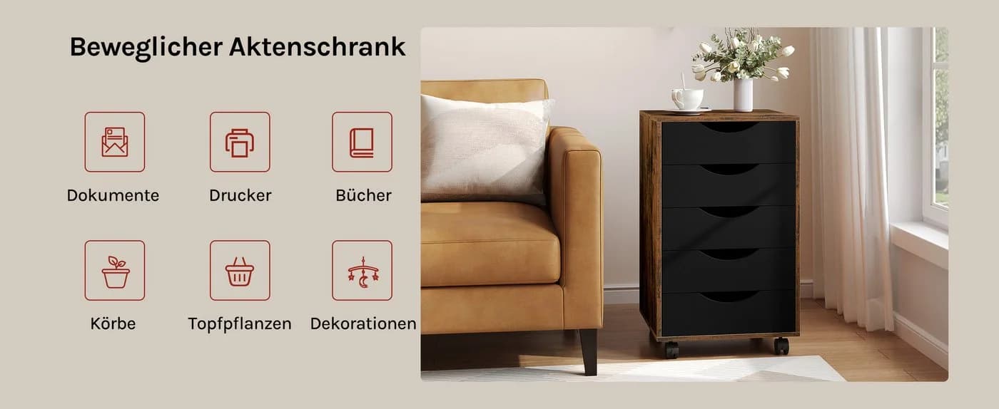 Woltu Rollcontainer 5 Schubladen Aktenschrank mit Rollen Braun - Bild 5