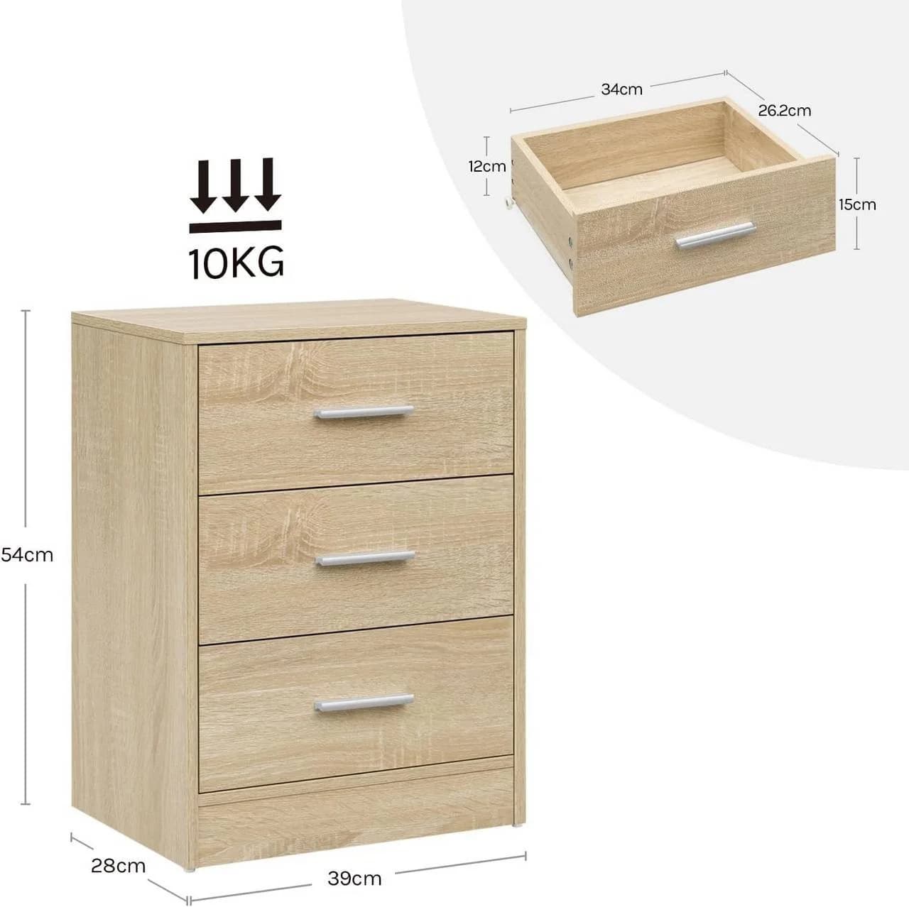 Woltu Nachttisch 2er Set mit 3 Schubladen Helle Eiche Modern - Bild 3