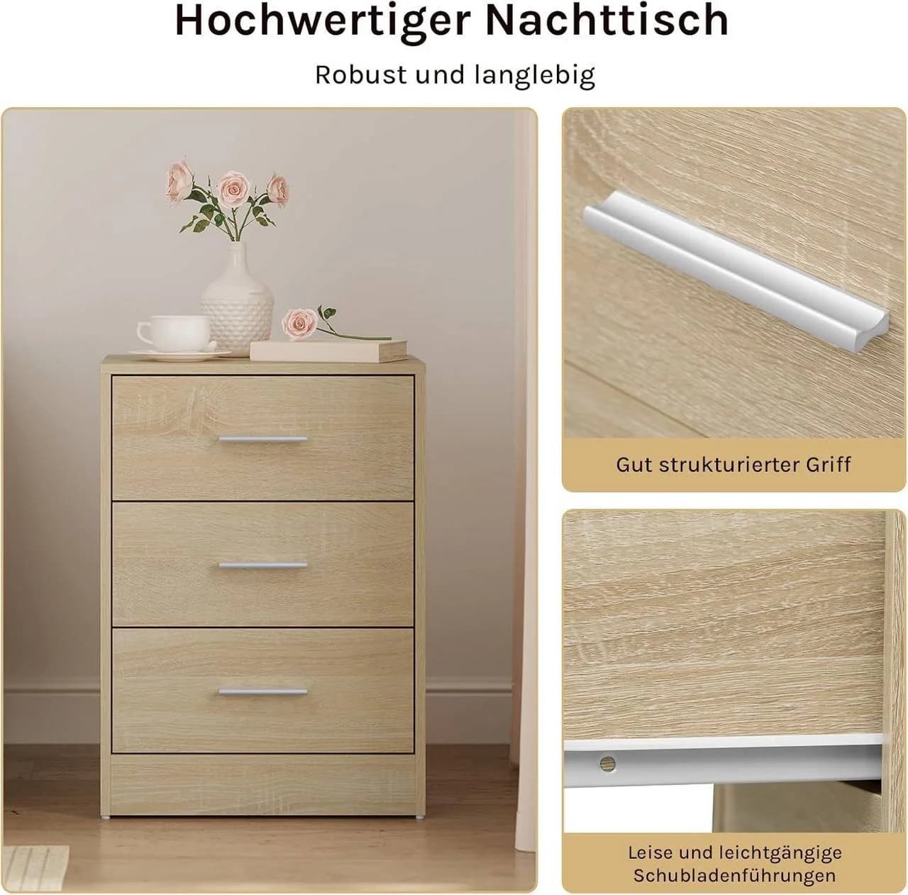 Woltu Nachttisch 2er Set mit 3 Schubladen Helle Eiche Modern - Bild 5