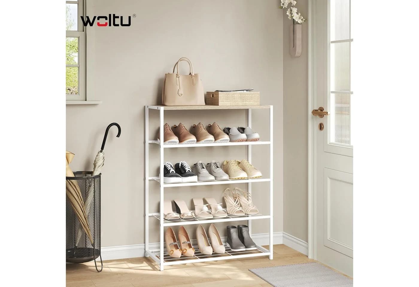 Woltu Schuhregal mit Sitzfläche Schwarz-Eiche