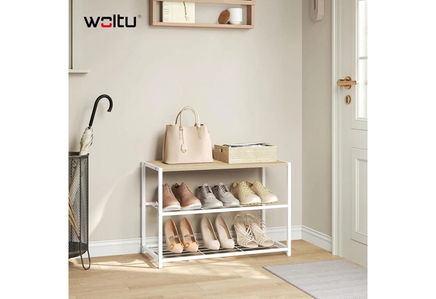 Woltu Schuhregal 2 Ablagen Holz Metall Weiß/Schwarz