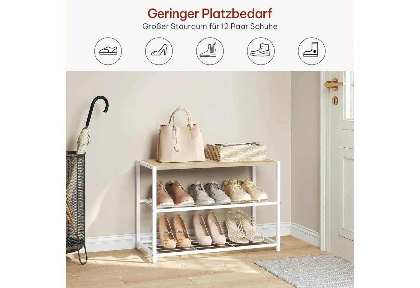 Woltu Schuhregal 2 Ablagen Holz Metall Weiß/Schwarz - Bild 4