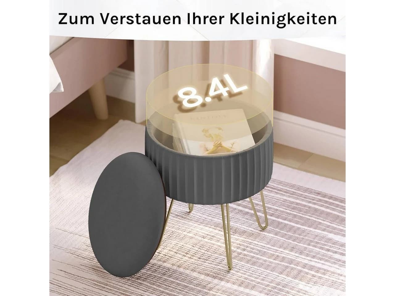 Woltu Sitzhocker mit Stauraum und Metallbeinen - Dunkelgrau - Bild 5