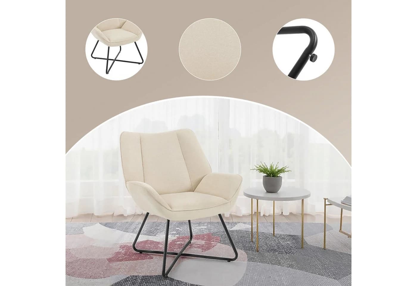 Woltu Ohrensessel Beige Leinen Metallrahmen Relaxsessel - Bild 4