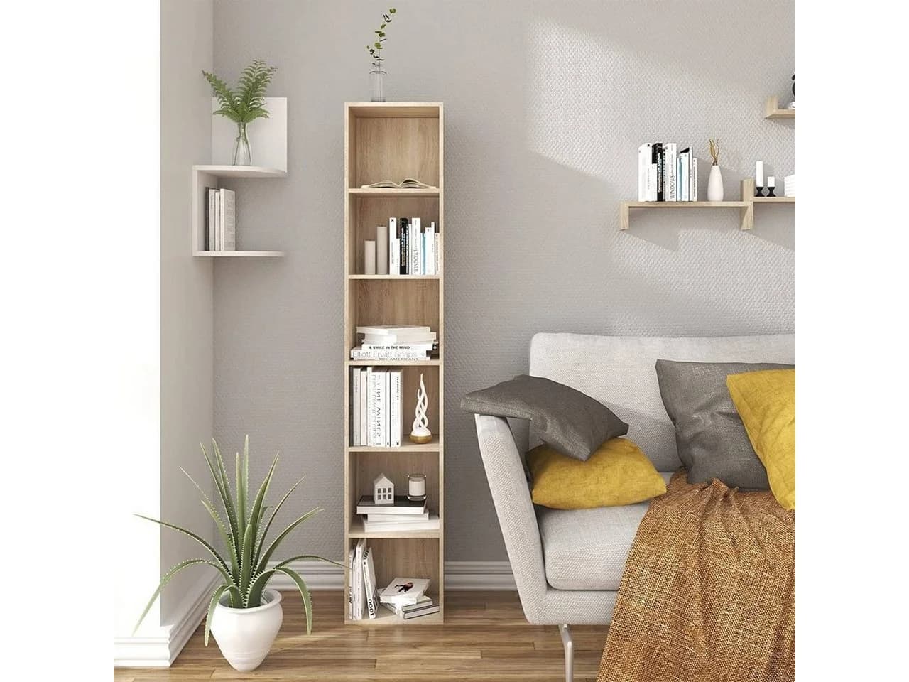 Woltu Bücherregal 6 Fächer Helle Eiche Weiß Modern
