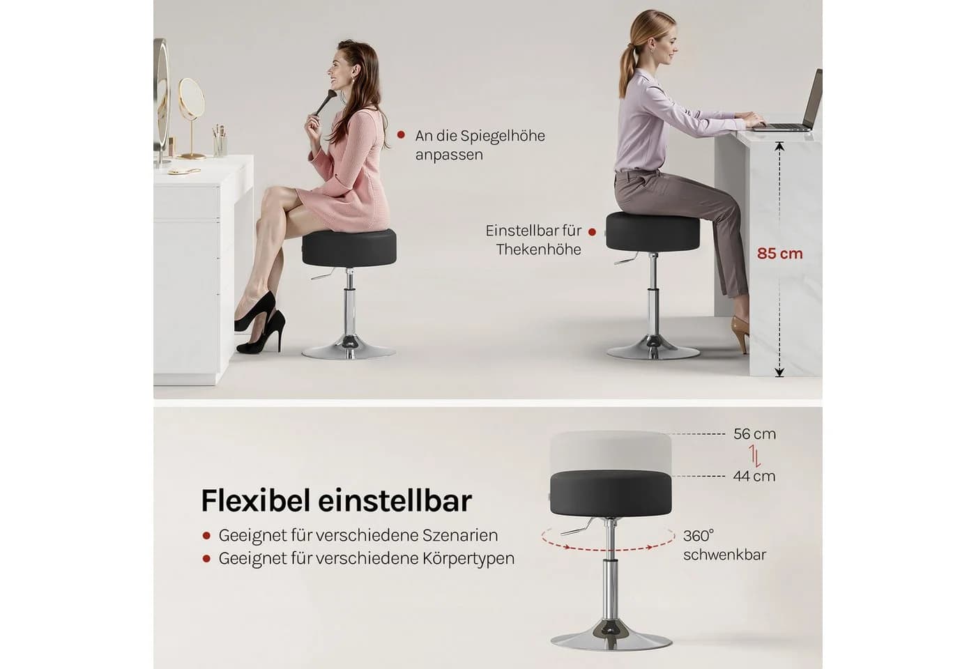 Woltu Drehhocker Schwarz Grau Weiß Kunstleder Höhenverstellbar - Bild 4