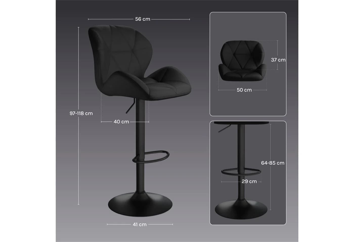 Woltu Barhocker Set 2 St. Schwarz Samt/Kunstleder mit Rückenlehne - Bild 3