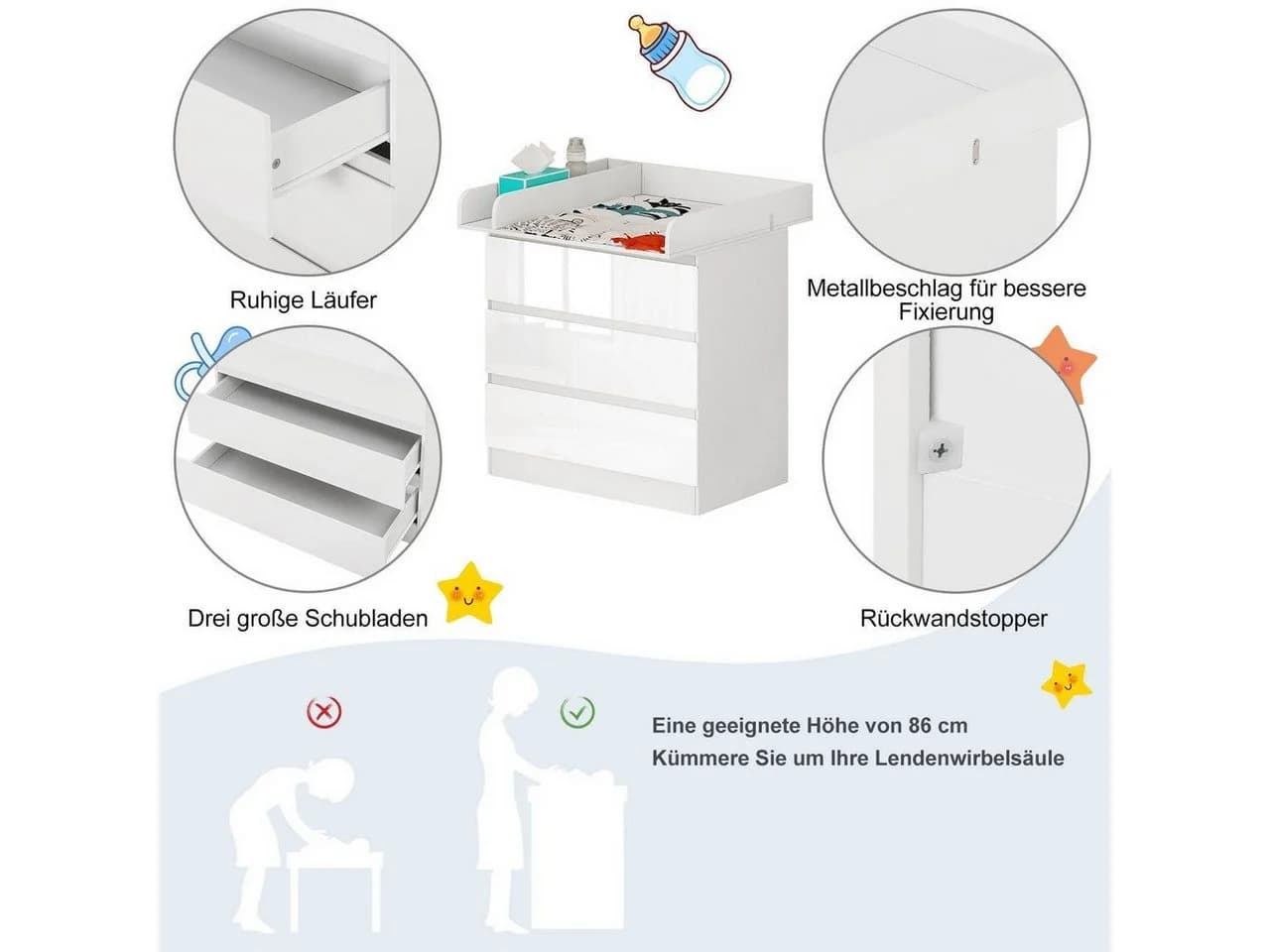 Woltu Wickelkommode mit Wickelaufsatz und 3 Schubladen, weiß - Bild 4