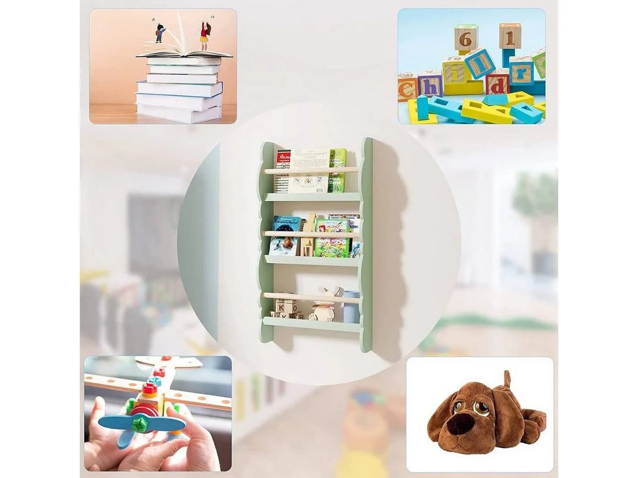 Woltu Kinder Bücherregal Wandregal Grün Weiß Grau Helle Eiche - Bild 4