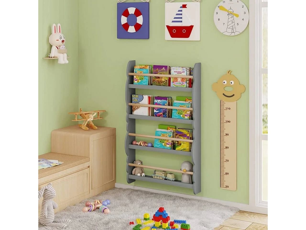 WOLTU Kinder Bücherregal Grün MDF Kiefernholz