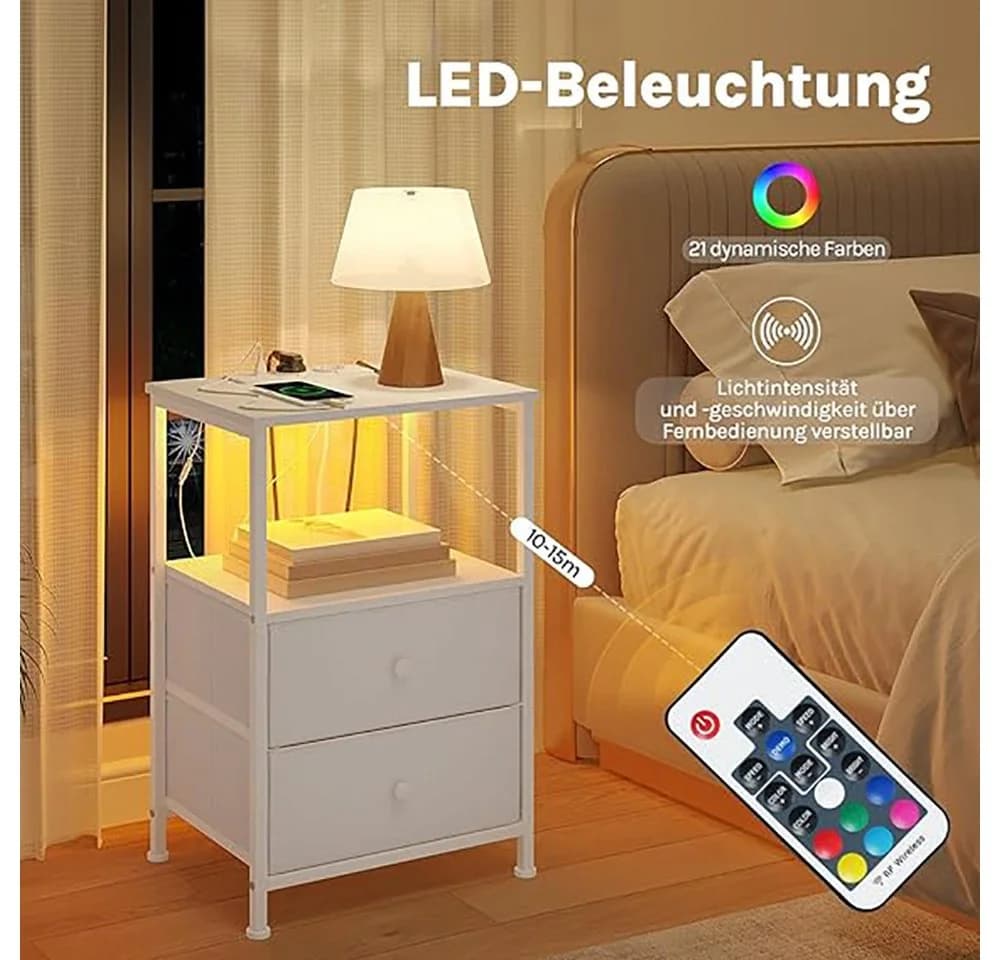 Woltu Nachttisch Weiß mit LED-Beleuchtung & Steckdosen - Bild 4