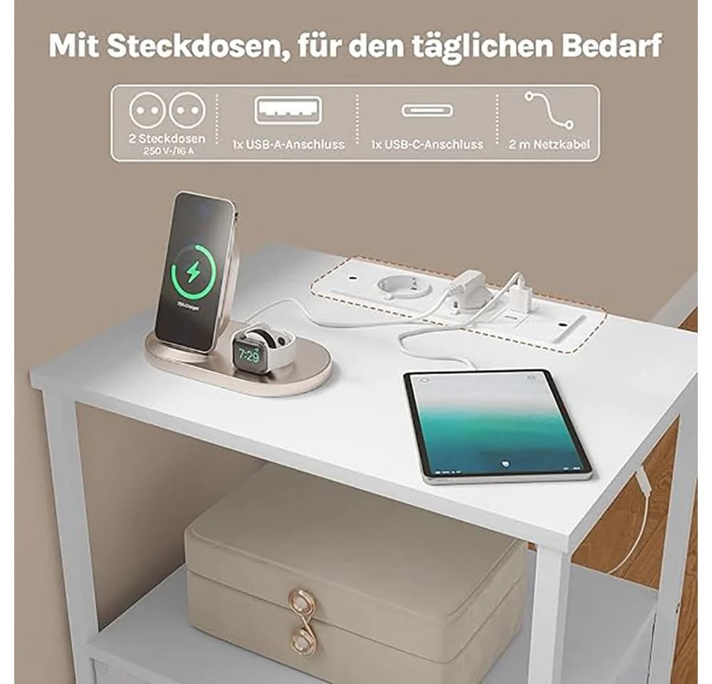Woltu Nachttisch Weiß mit LED-Beleuchtung & Steckdosen - Bild 5