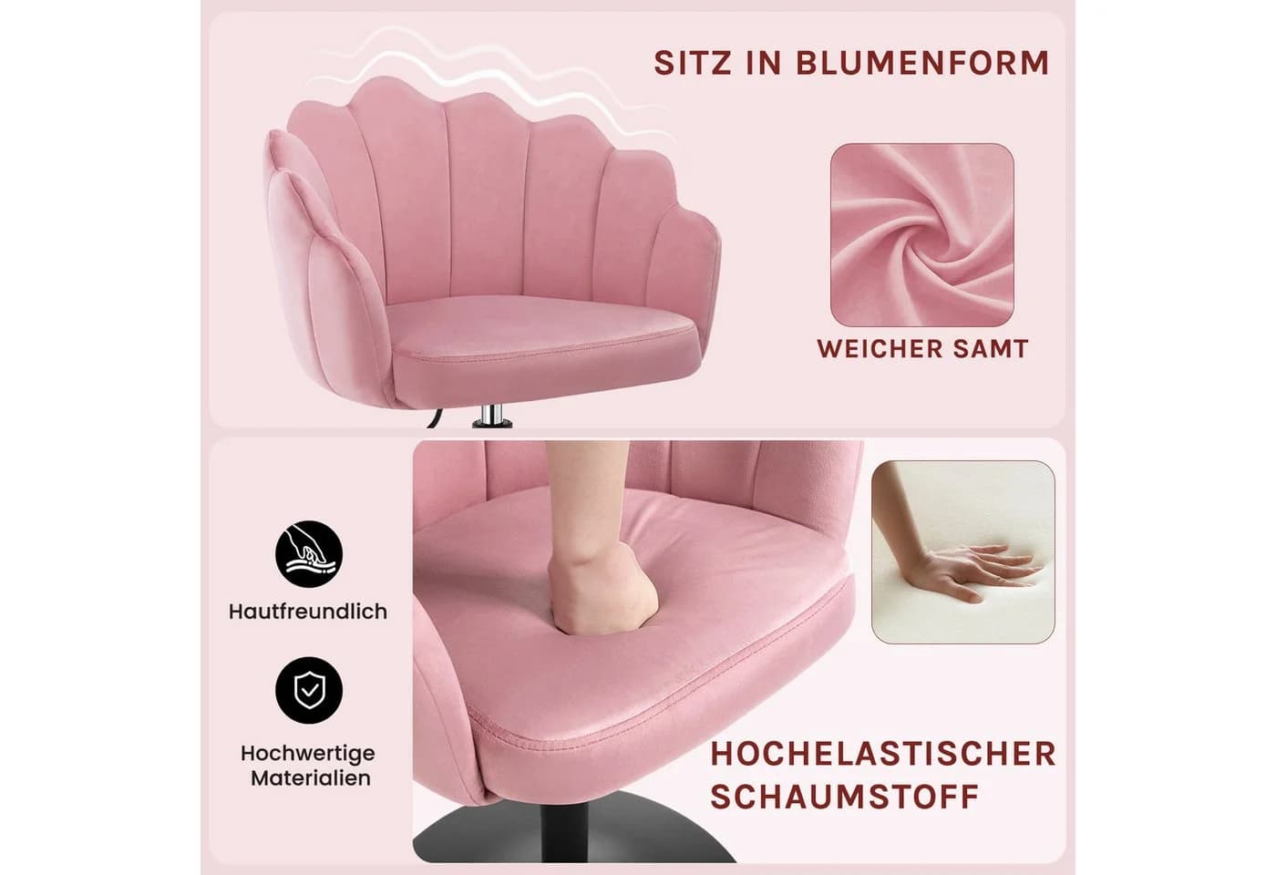 Woltu Bürostuhl Rosa Samt mit Lehne höhenverstellbar - Bild 5