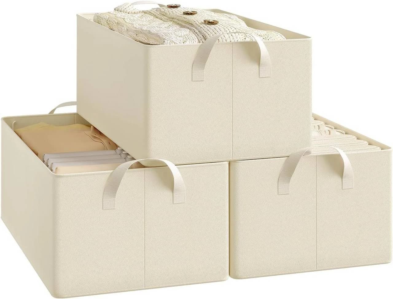 Woltu Aufbewahrungsbox 3 St. Creme Stoff mit Griffen faltbar - Bild 2