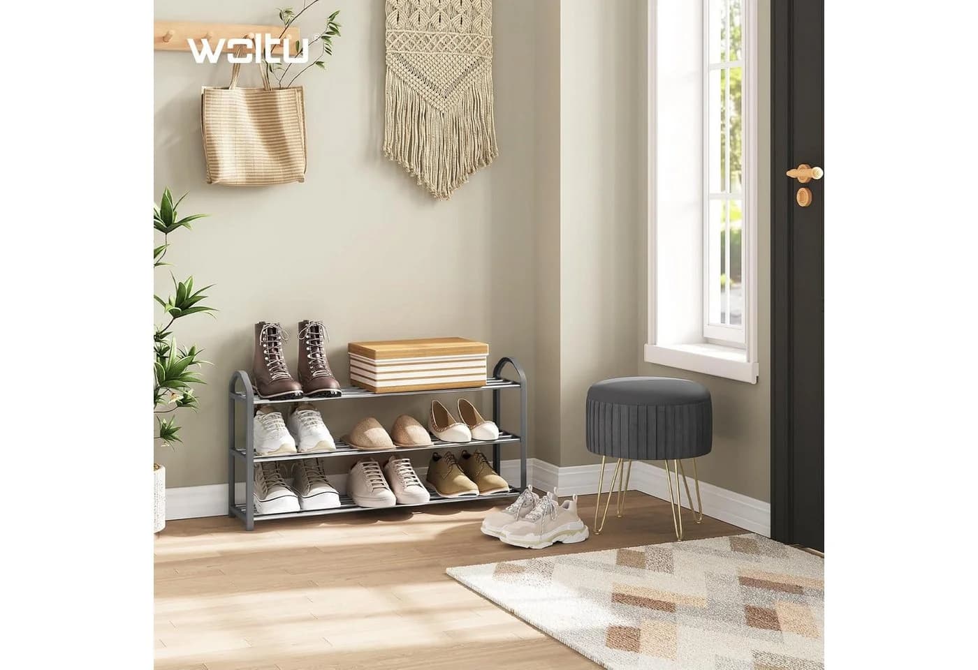 Woltu Schuhregal 3 Schichten Grau Schwarz Beige Stahl Kunststoff