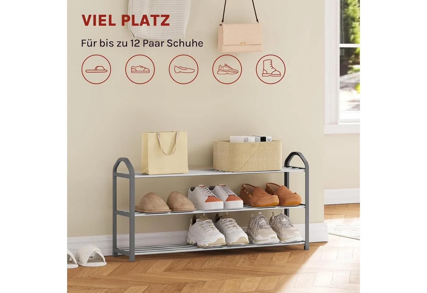 Woltu Schuhregal 3 Schichten Grau Schwarz Beige Stahl Kunststoff - Bild 5